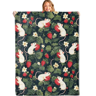 Rats and Strawberries Pattern Blanket: Cute White Mice with Berries