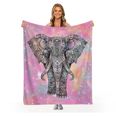 Bohemian Pink Elephant Design Blanket for Cosmic Art Lovers