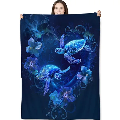 Sea Turtles and Flowers Blanket: Glowing Blue Sea Life Design