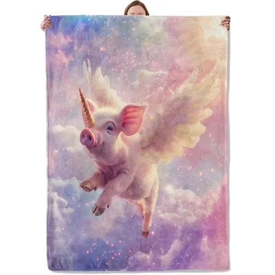 Flying Unicorn Pig Art Blanket: Whimsical Winged Pig in a Galaxy Sky
