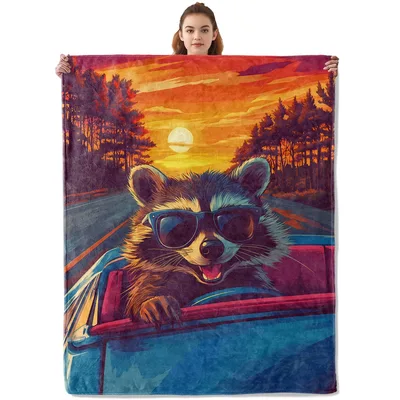 Cool Raccoon with Sunglasses Blanket: Retro Road Trip Art