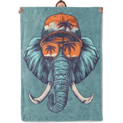 Cool Elephant with Sunglasses Blanket: Tropical Vibes on a Teal Throw