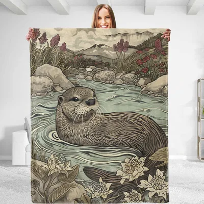 Otters and Flowers Illustration Blanket: A Serene River Otter Scene