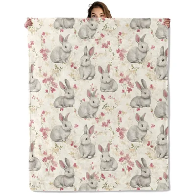Bunny and Floral Pattern Blanket featuring vintage grey rabbits