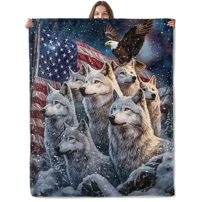 Wolf Pack and Bald Blanket: Majestic Wolves and Eagle Design