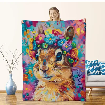 Colorful Squirrel with Flowers Blanket