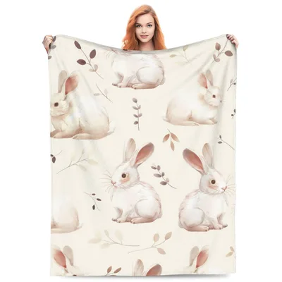 Rabbit Pattern Blanket: Soft White Bunnies and Leaves Design