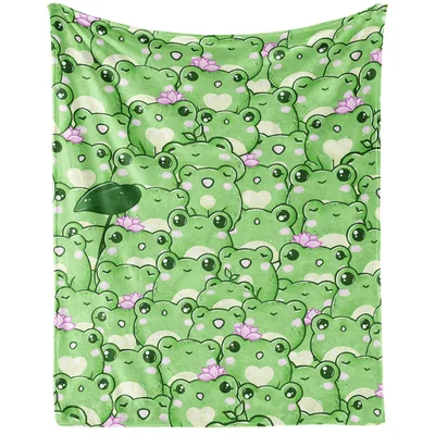 Frog Pattern Blanket: Cute Green Frogs with Hearts and Lotus Flowers