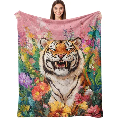 Smiling Tiger with Flowers Blanket: A Joyful Feline in a Boho Garden
