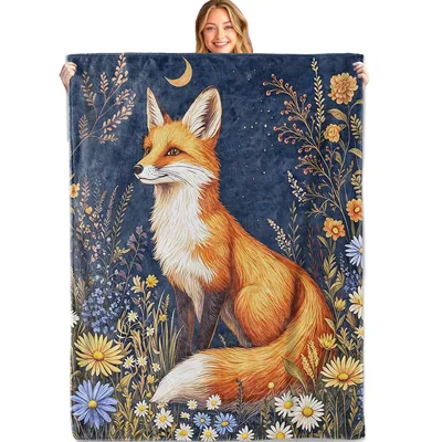 Fox in Wildflower Field Blanket: A Red Fox Sitting Among Night Blooms