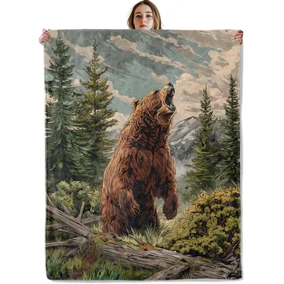 Roaring Grizzly Bear in Forest Blanket Wild Nature Art