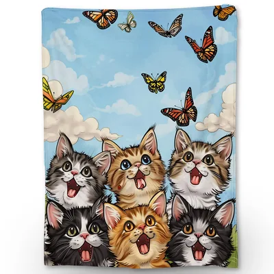 Cats and Butterflies Blanket: Six Excited Kittens Chasing Monarchs