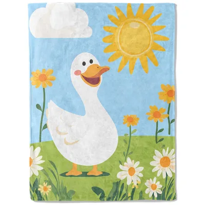 Cute Duck in Sunny Blanket: Happy White Goose in Meadow Design
