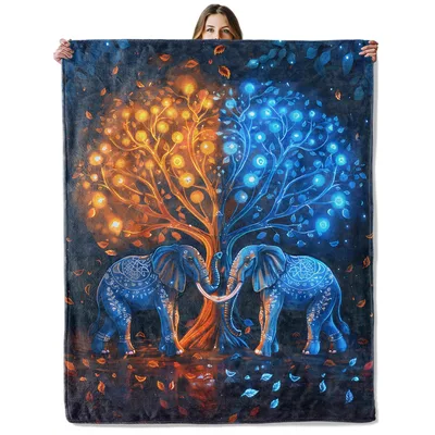 Elephant Tree of Life Blanket: Mystical Elephants and Glowing Canopy