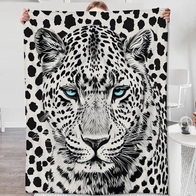 Snow Leopard Face Portrait Blanket featuring a dramatic black