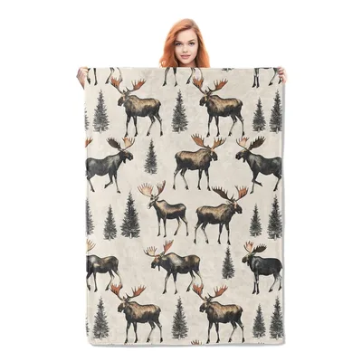 Moose Forest Pattern Blanket: Vintage Wildlife Art for Cabin Lovers