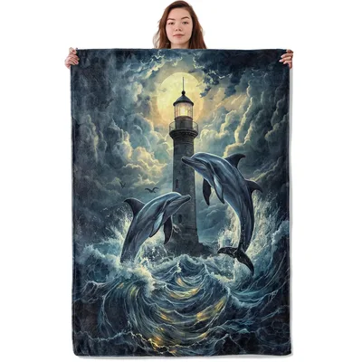 Dolphins and Lighthouse Blanket: Moonlit Ocean Art for Cozy Nights