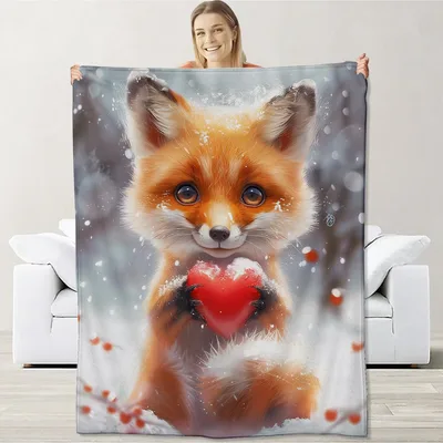 Fox Holding Red Heart Blanket: Cozy Winter Fox with Bright Red Heart
