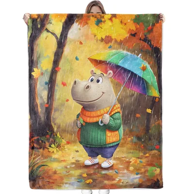 Hippo Holding Umbrella Blanket: Cozy Autumn Scene with Rainbow Cover