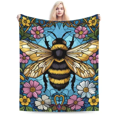 Bee Among Flowers Blanket: Stained Glass Bee Art Design
