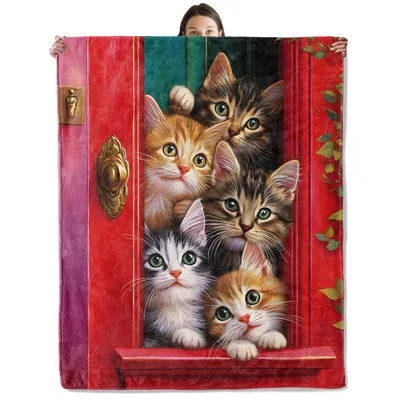 Kittens Peeking from Red Blanket: Five Cats at a Doorway