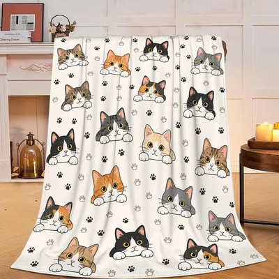Cat Faces Paw Prints Pattern Blanket for Feline Lovers