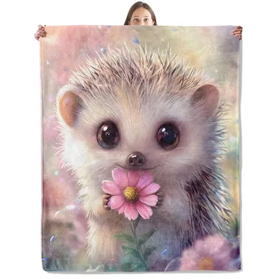 Hedgehog Holding Pink Flower Blanket: Cute Art for Cozy Spaces
