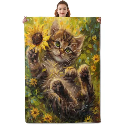 Kitten with Sunflowers Blanket: A Playful Feline in a Garden
