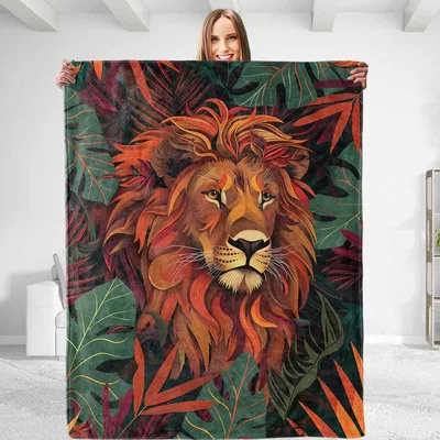 Majestic Lion Among Leaves Blanket: Wild Art for Your Sofa