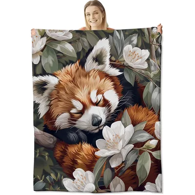 Sleeping Red Panda with Flowers Blanket: Cozy Floral Animal Design