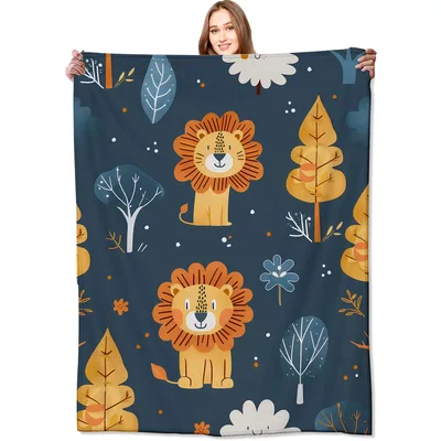 Cute Lion Jungle Pattern Blanket: Smiling Lions and Trees