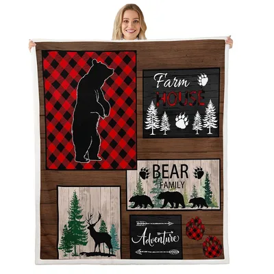 Bear Family Lodge Collage Blanket: Rustic Bear and Deer Cabin Design