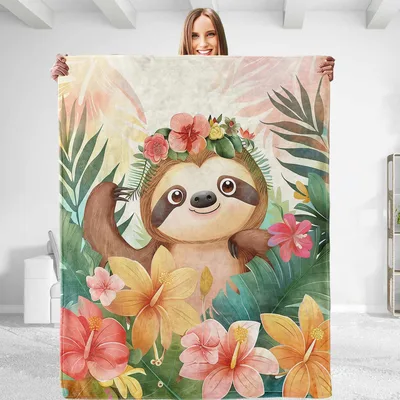 Sloth with Tropical Flowers Blanket: A Cute Floral Sloth Design