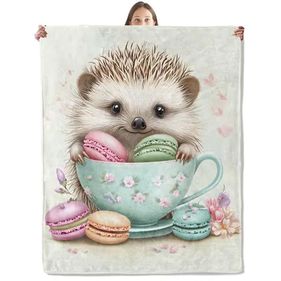 Hedgehog with Macarons Blanket: Cute Hedgehog in Floral Teacup Design