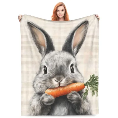 Bunny Holding Carrot Blanket: Realistic Gray Rabbit