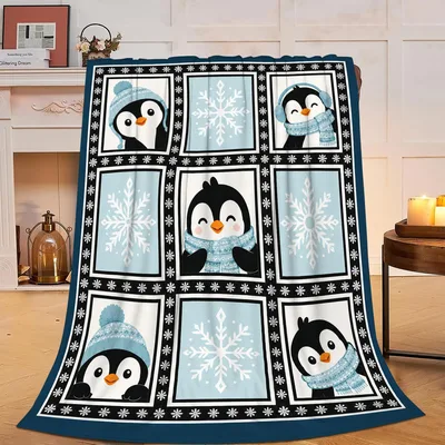 Penguins in Winter Squares Blanket: Cozy Arctic Friends Design