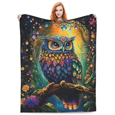 Colorful Owl on Branch Blanket: A Vibrant Fantasy Art Design