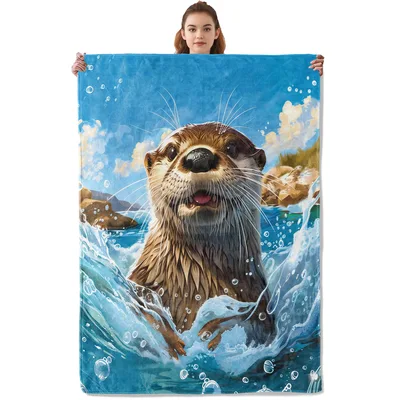 Otter Splashing in Water Blanket: Joyful Marine Mammal Art