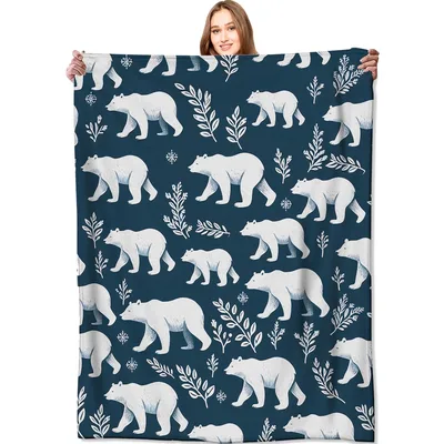 Polar Bears and Foliage Blanket: Arctic Bear Pattern with Leaves