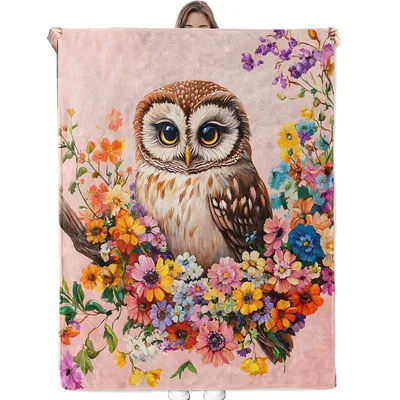 Owl with Colorful Flowers Blanket