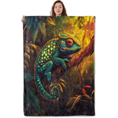 Colorful Chameleon on Branch Blanket featuring a vibrant green reptile