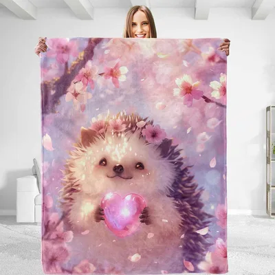 Hedgehog Holding Pink Heart Blanket features a fuzzy