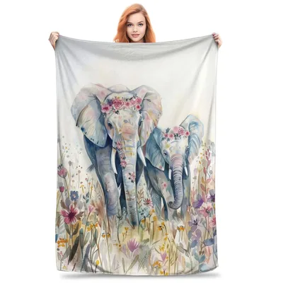 Watercolor Elephant with Flowers Blanket: Artistic Floral Design