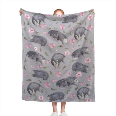 Opossums with Pink Blossoms Blanket featuring watercolor possums