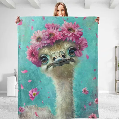 Ostrich with Pink Flower Blanket featuring a serene bird adorned