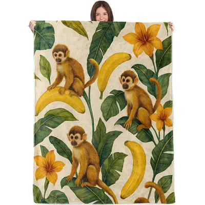 Monkeys Among Banana Leaves Blanket: Tropical Monkey Art