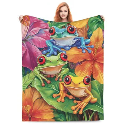 Colorful Frogs Among Flowers Blanket: Tropical Red-Eyed Tree Frog Art