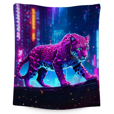 Neon Leopard in City Blanket: Neon Feline Art for Urban Fans