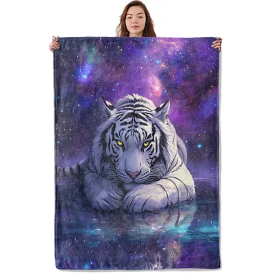 Galaxy White Tiger Blanket: Majestic Feline in a Cosmic Nebula