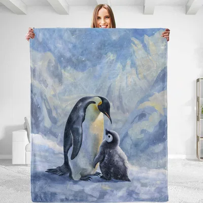 Penguin Family on Ice Blanket: Adult and Chick on Snowy Mountains